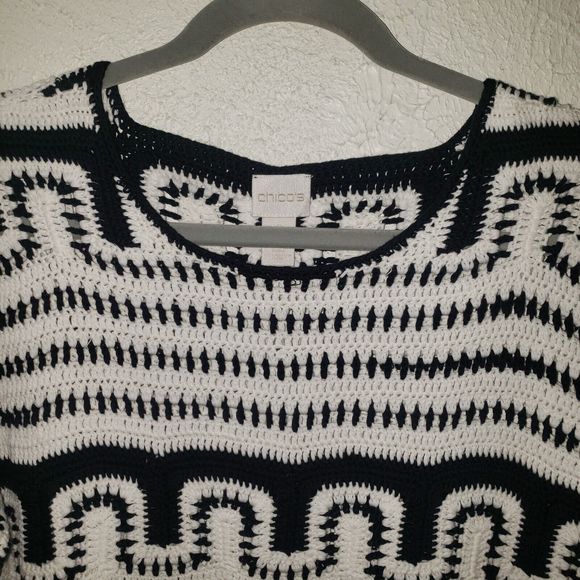 Chico's Cotton Knit Sweater Black White Crochet Sz 2 (M) Pullover 3/4 Sleeve Top - Picture 4 of 9